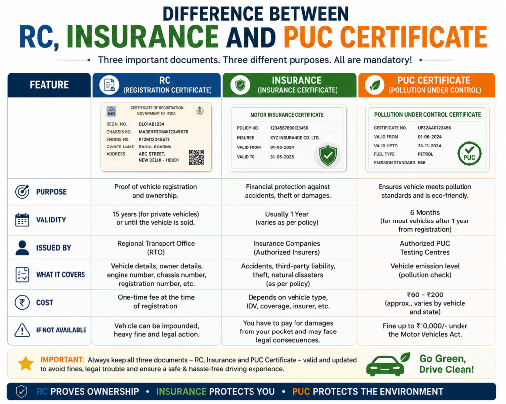 Between RC, Insurance and PUC Certificate