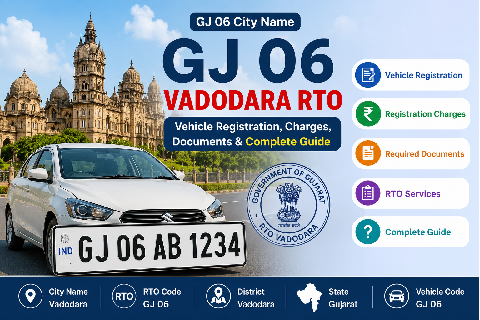 GJ 06 City Name RTO Vadodara: Vehicle Registration, Charges, & Complete Guide