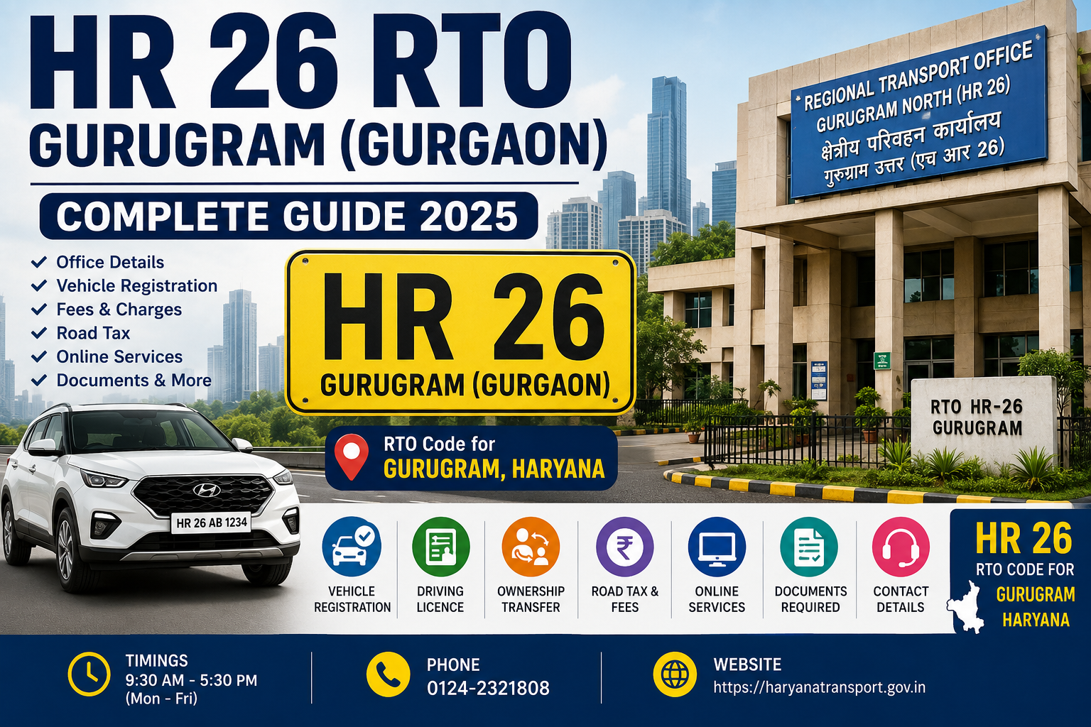 HR 26 RTO Gurugram (Gurgaon): Vehicle Registration, Office Address, Fees & Contact
