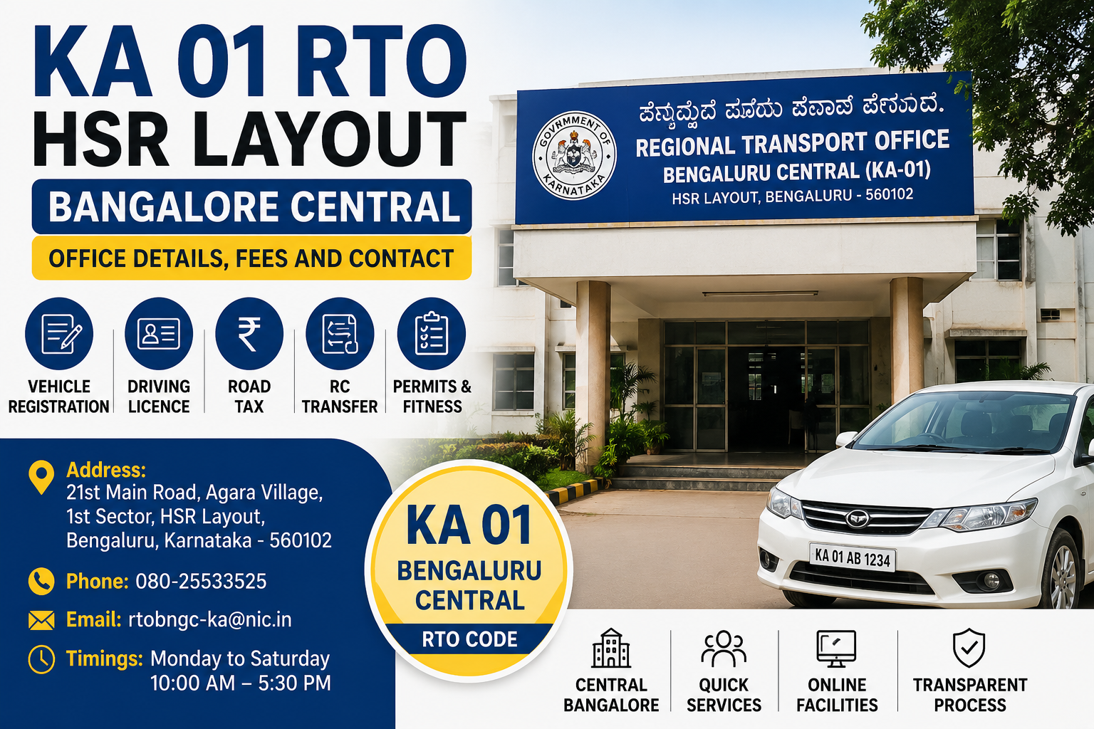 KA 01 RTO HSR Layout Bangalore Central: Fees, Registration & Contact