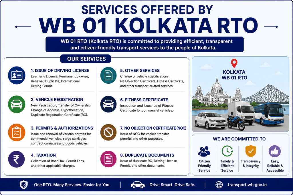 Services Offered by WB 01 Kolkata RTO